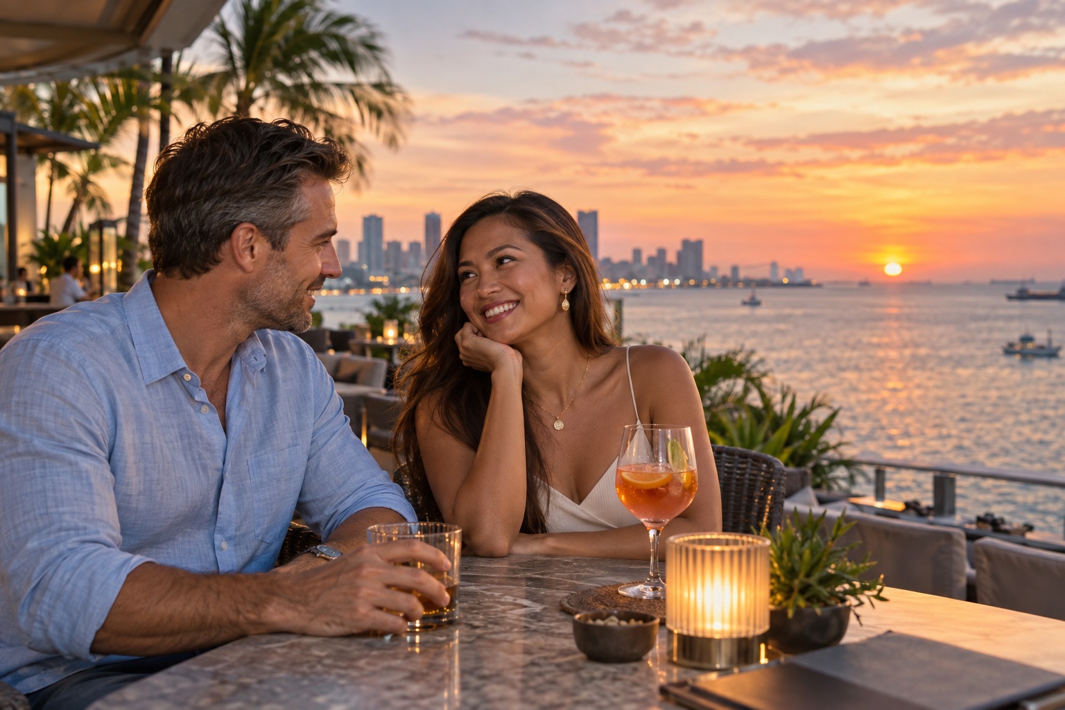 An adult couple enjoying a warm conversation beside Manila Bay at sunset